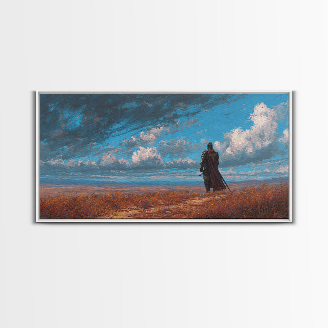 Lone Knight Coastal Fantasy Landscape Wall Art, Medieval Warrior Canvas, Moody Sky Print, Gamer Room Decor Housewarming Gift