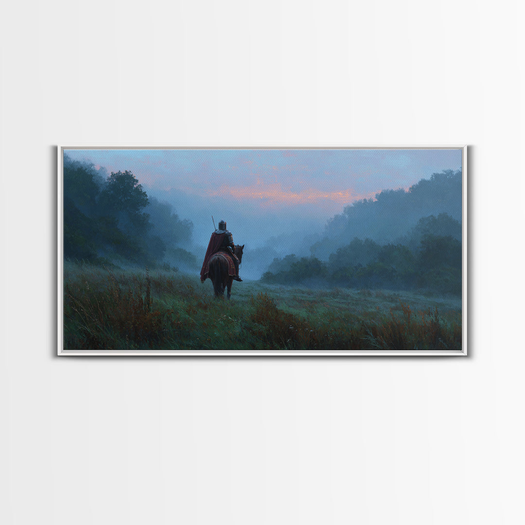 Lone Rider In Misty Forest Canvas Print, Moody Landscape Wall Art, Medieval Horseman Decor, Fantasy Adventure Gift For Him