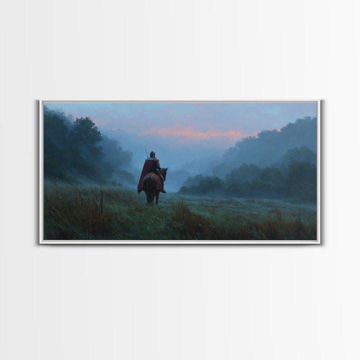 Lone Rider In Misty Forest Canvas Print, Moody Landscape Wall Art, Medieval Horseman Decor, Fantasy Adventure Gift For Him