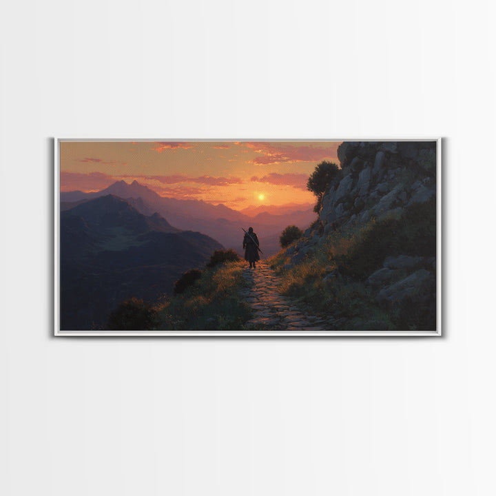 Lone Traveler Mountain Sunset Wall Art, Fantasy Landscape Canvas Print, Above Bed Decor, Adventure Gift, Nature Wall Decor