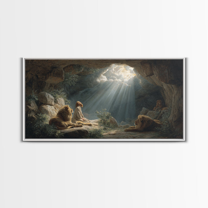 Sunlit Cave Child With Lions Canvas Print, Biblical Fantasy Wall Art For Nursery Decor, Prayer Room Decor And Housewarming Gift
