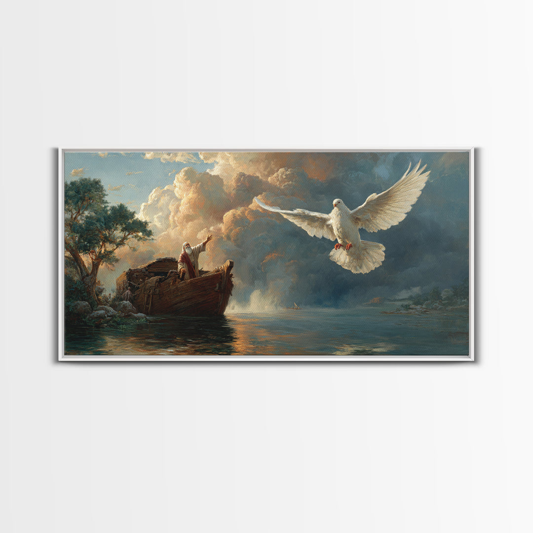 Noah Releasing White Dove From Ark Framed Canvas Print, Biblical Wall Art, Christian Decor, Spiritual Gift For Prayer Room