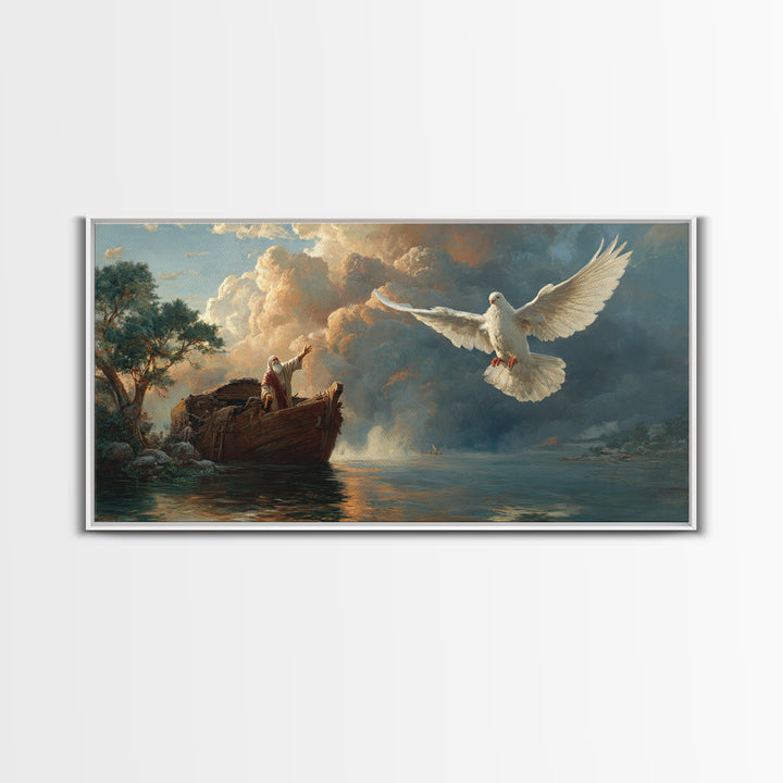 Noah Releasing White Dove From Ark Framed Canvas Print, Biblical Wall Art, Christian Decor, Spiritual Gift For Prayer Room