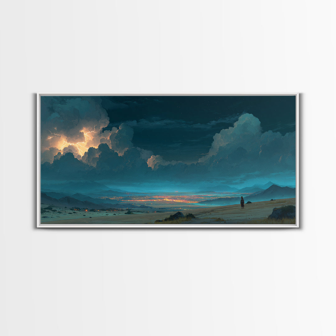 Moonlit Desert Storm Wall Art, Moody Blue Night Landscape Canvas Print, Southwest Travel Decor, Dramatic City Lights Gift