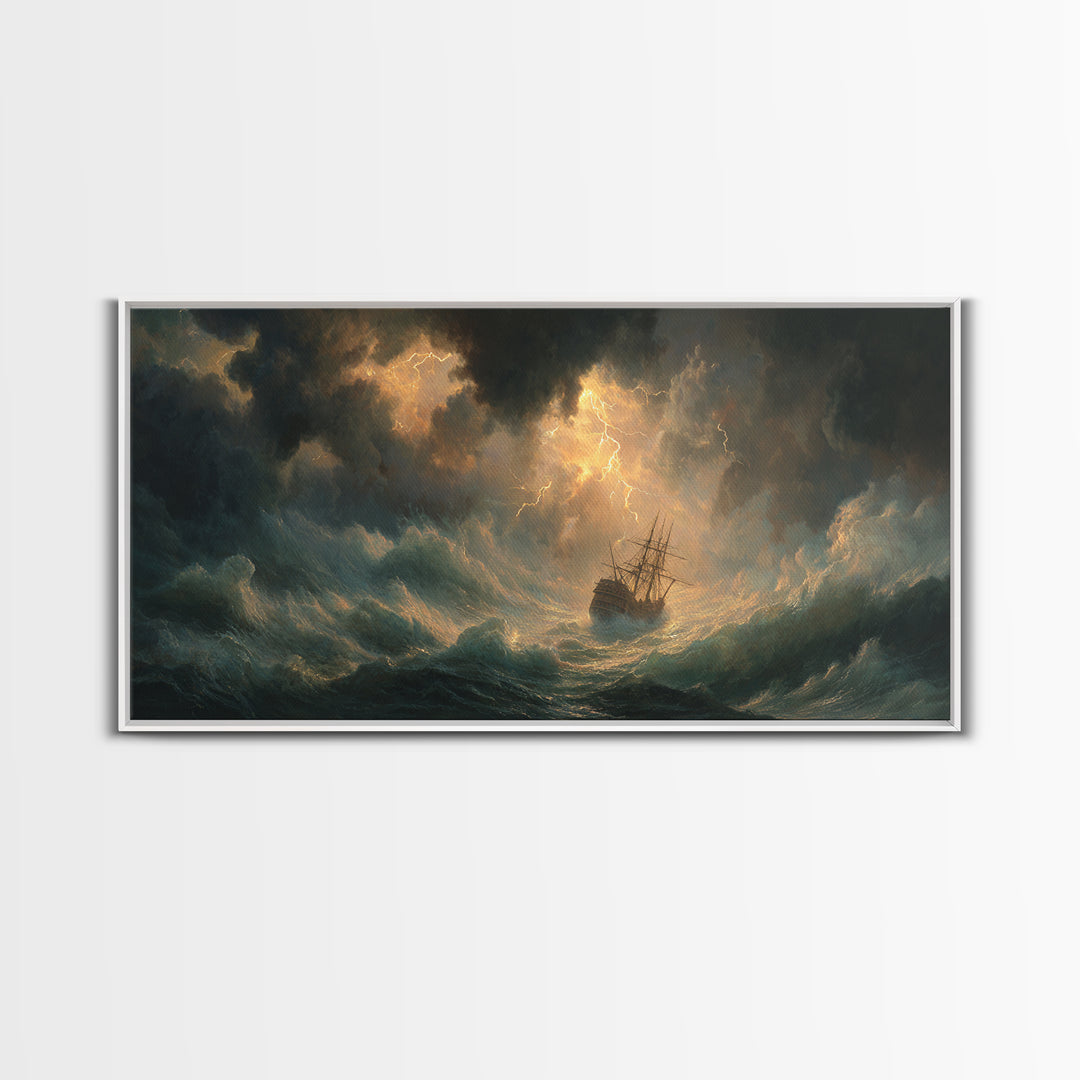 Lightning Storm Ship At Sea Canvas Print, Moody Ocean Seascape Wall Art, Nautical Decor, Dramatic Coastal Wall Decor For Living Room