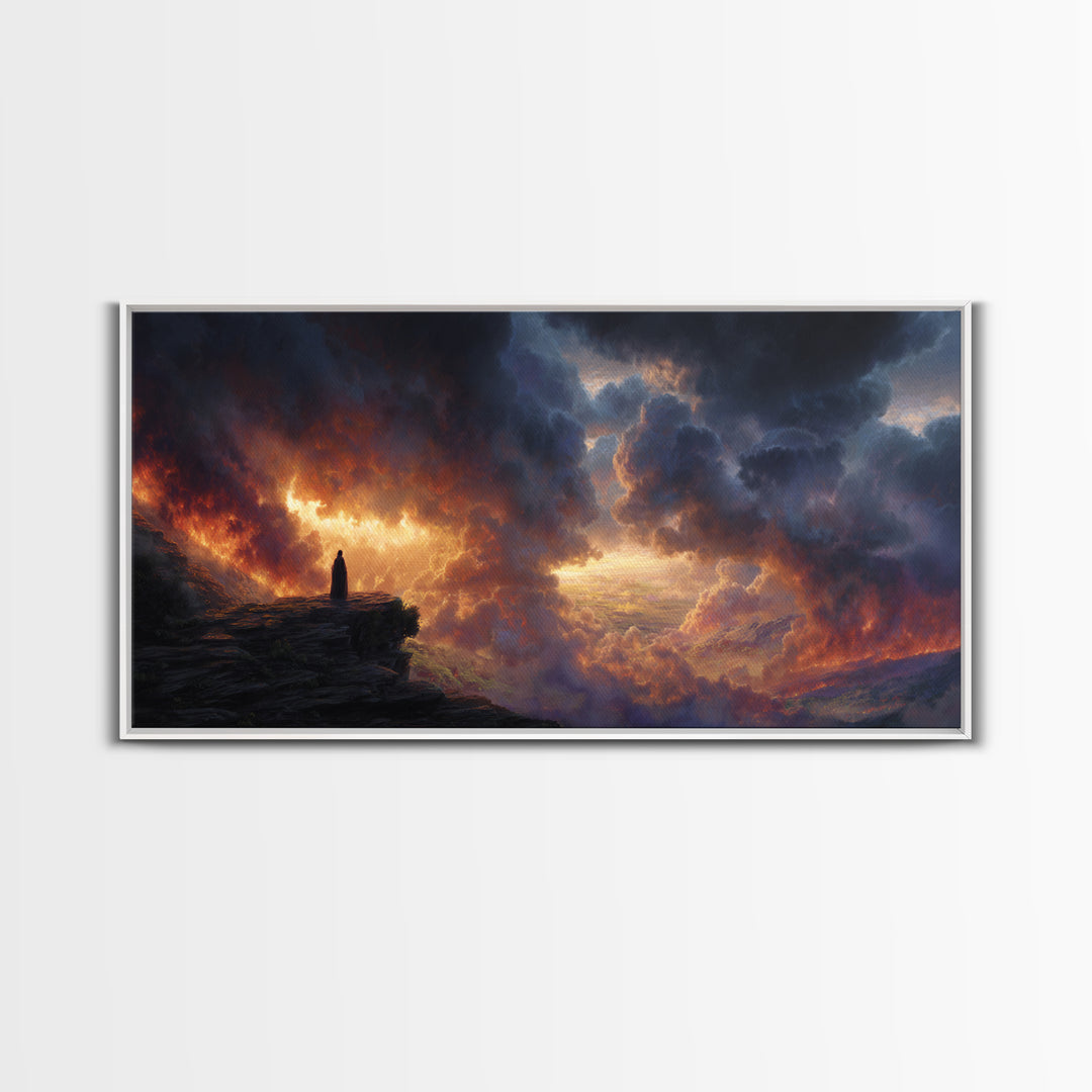 Lone Figure Before Fiery Storm Wall Art, Dark Fantasy Canvas Print, Dramatic Surreal Landscape, Moody Office Decor Gift For Him