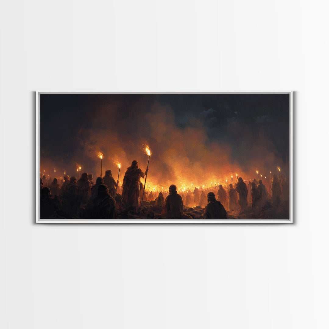 Torchlit Gathering In Smoky Night Wall Art, Dark Fantasy Painting Print, Moody Medieval Decor, Dramatic Statement Art For Gothic Home