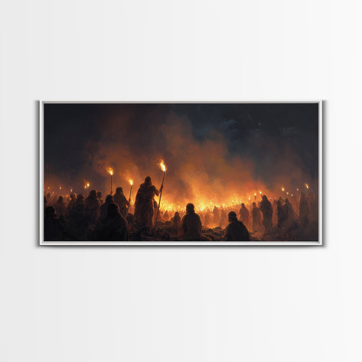 Torchlit Gathering In Smoky Night Wall Art, Dark Fantasy Painting Print, Moody Medieval Decor, Dramatic Statement Art For Gothic Home