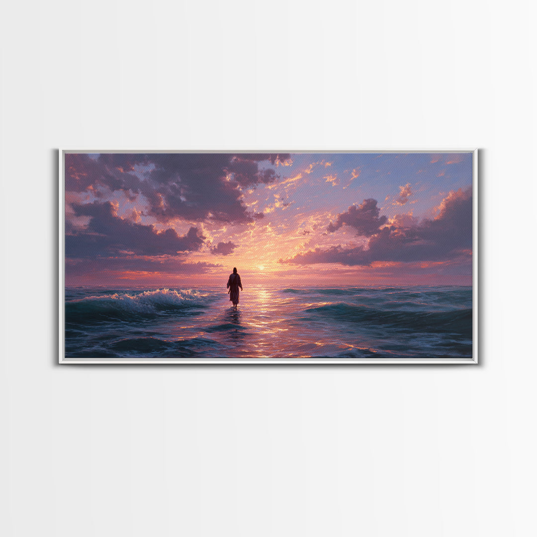 Solitary Figure In Ocean Sunset Waves Wall Art, Seascape Canvas Print, Coastal Decor, Romantic Bedroom Art, Gift For Her