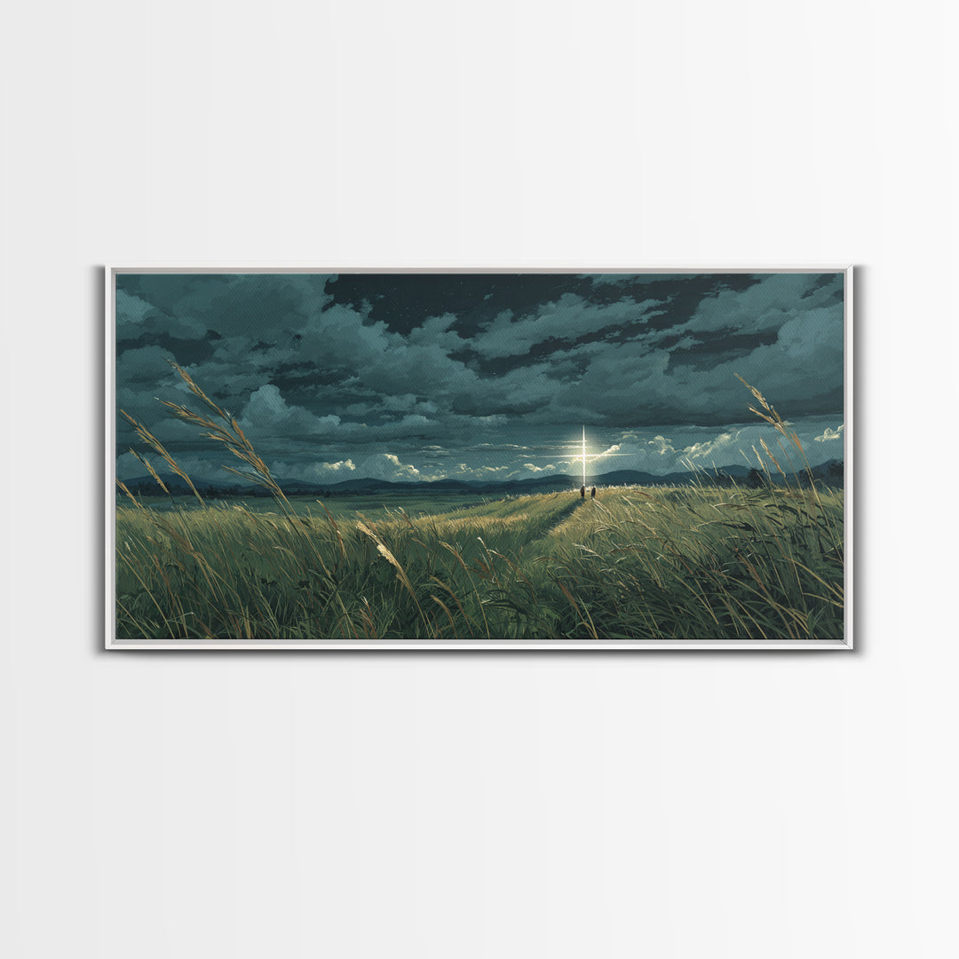 Lone Figure In Stormy Meadow Wall Art, Moody Fantasy Landscape Canvas Print, Cinematic Field Decor, Dramatic Nature Art Print