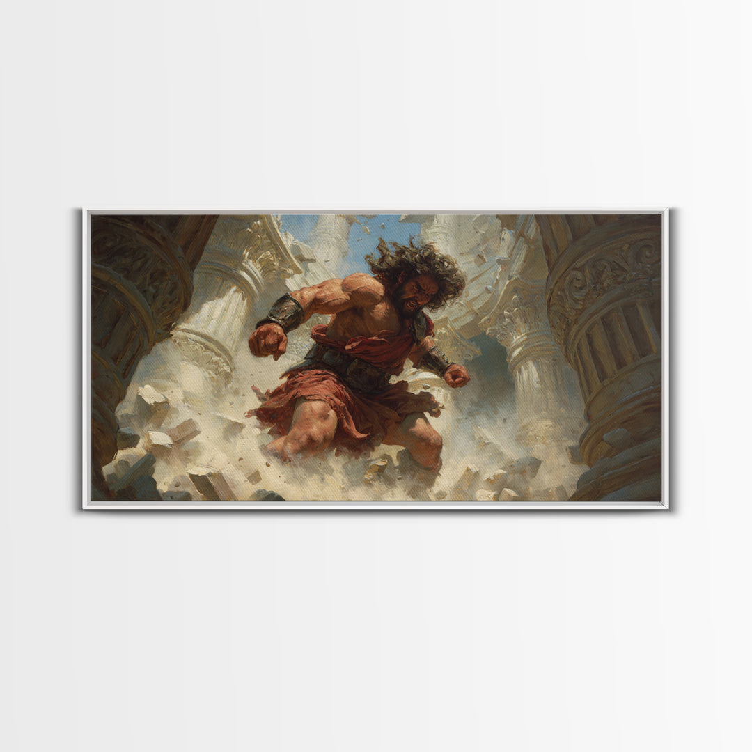 Raging Titan Among Ruined Columns Framed Canvas Print, Mythological Art, Greek Fantasy Wall Art, Dramatic Home Decor, Statement Artwork