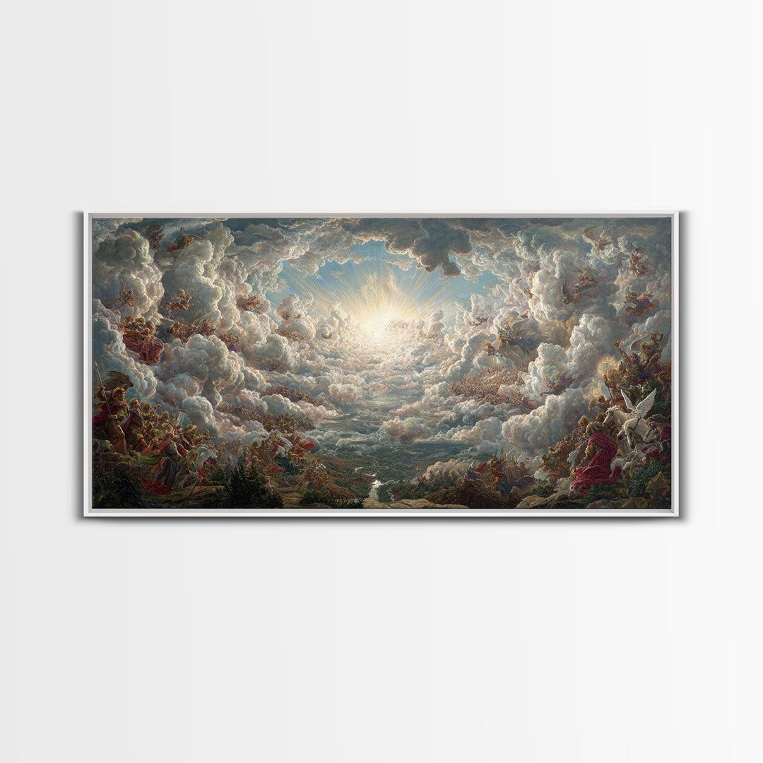 Heavenly Cloud Battle With Angels Framed Canvas Print, Baroque Mythological Wall Art, Renaissance Decor, Biblical Gift Art