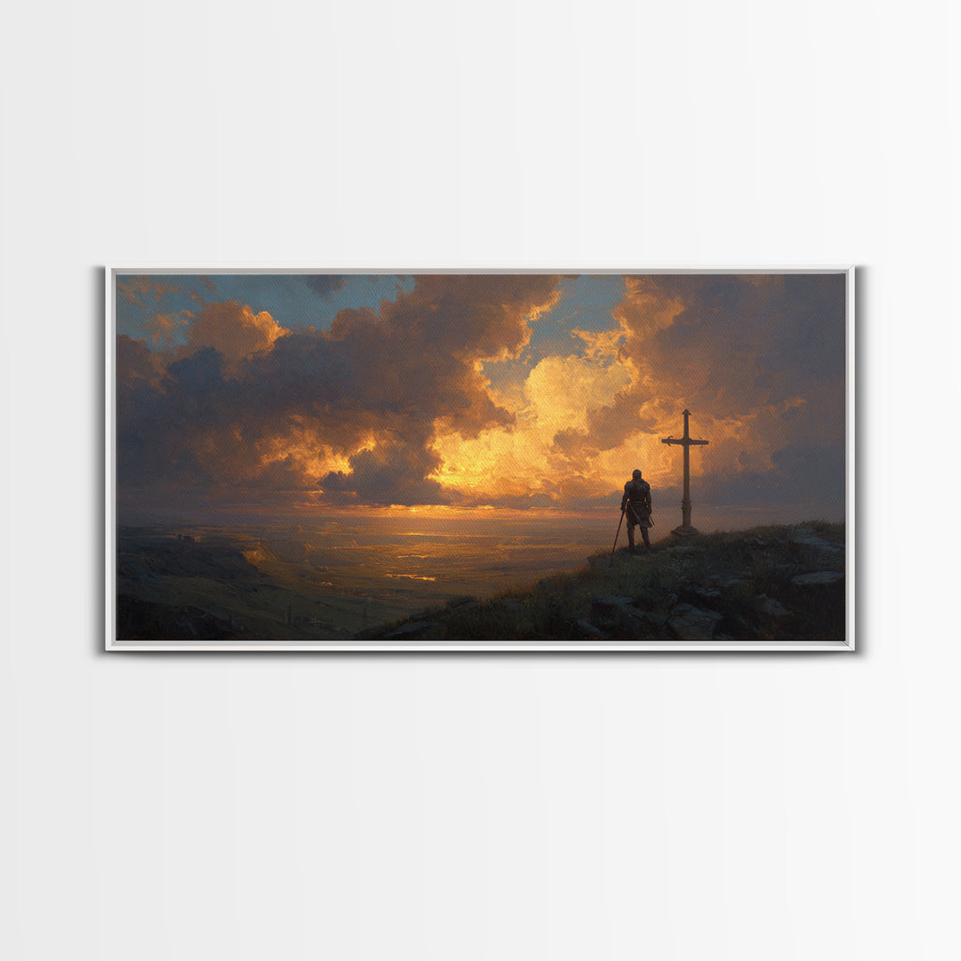 Lone Knight Sunset Wall Art, Medieval Fantasy Landscape Canvas Print, Christian Cross Decor, Masculine Office Art Gift For Him