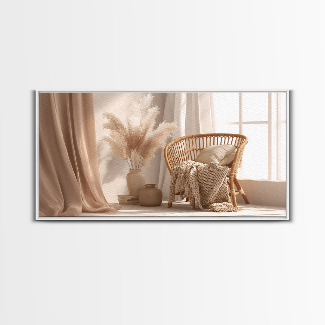 Neutral Wicker Chair With Pampas Grass Canvas Print, Boho Bedroom Wall Art, Cozy Minimalist Decor For Modern Living Room