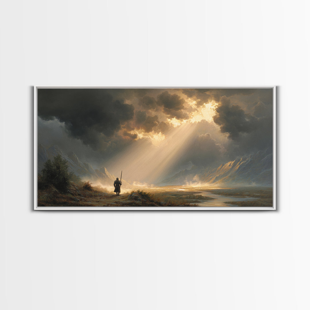 Warrior In Sunlit Mountain Valley Canvas Print, Fantasy Landscape Wall Art, Epic Adventure Decor And Dramatic Office Art