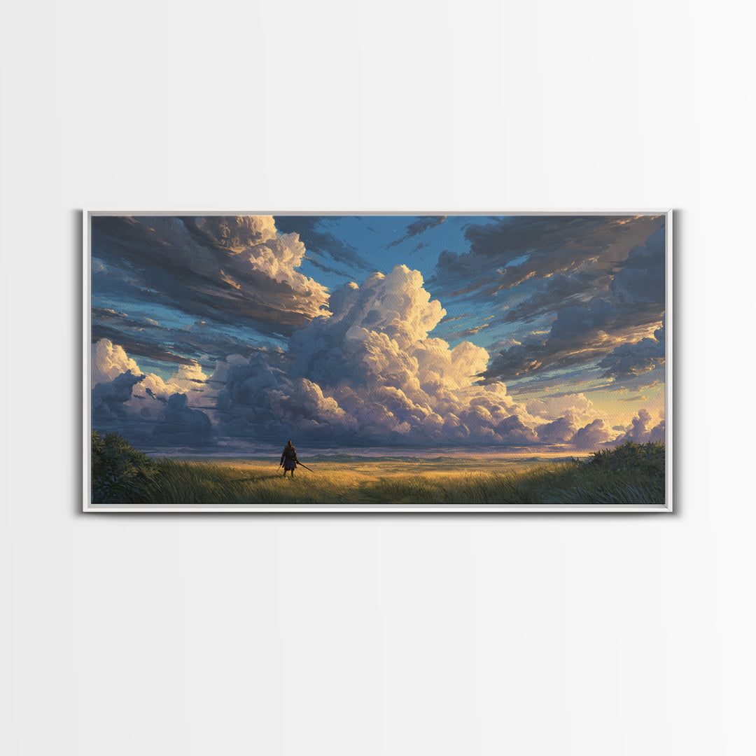 Lone Traveler Beneath Towering Clouds Wall Art, Dramatic Landscape Canvas Print, Calming Nature Living Room Decor, Large Poster