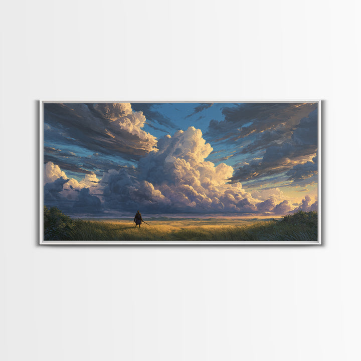 Lone Traveler Beneath Towering Clouds Wall Art, Dramatic Landscape Canvas Print, Calming Nature Living Room Decor, Large Poster