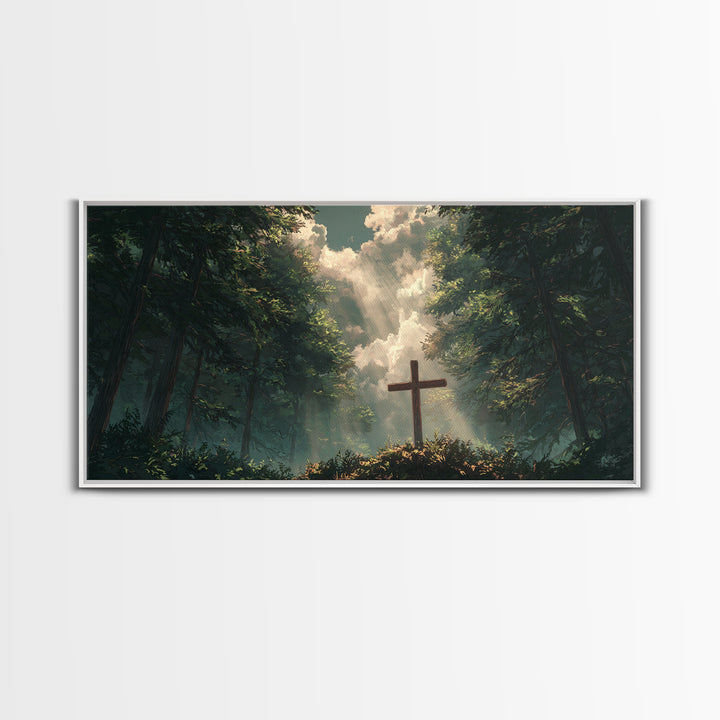 Sunlit Forest Cross Wall Art, Christian Canvas Print, Peaceful Nature Landscape, Bible Verse Decor, Prayer Room Gift, For Him