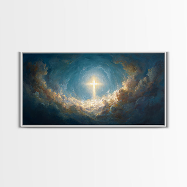 Glowing Cross In Stormy Clouds Wall Art, Christian Canvas Print, Celestial Religious Decor, Inspirational Gift For Home Decor