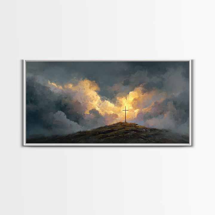 Dramatic Cross On Stormy Hill Wall Art, Christian Landscape Canvas, Moody Faith Decor, Religious Gift, Living Room Art Print