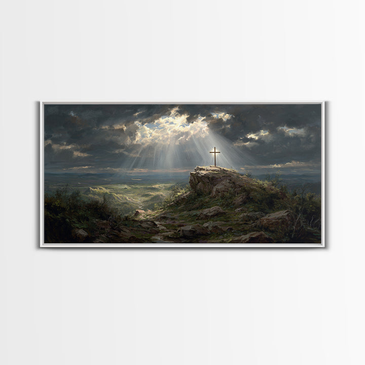 Sunlit Cross On Rocky Hill Wall Art, Christian Landscape Canvas Print, Bible Verse Decor, Spiritual Gift For Home And Prayer