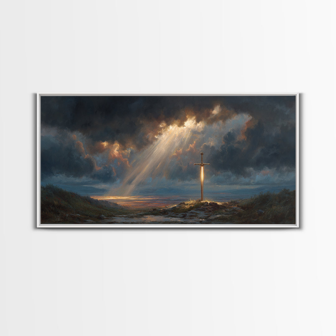 Glowing Sword In Storm Clouds Wall Art, Dramatic Christian Fantasy Canvas Print, Spiritual Decor, Dark Academia Gift For Him