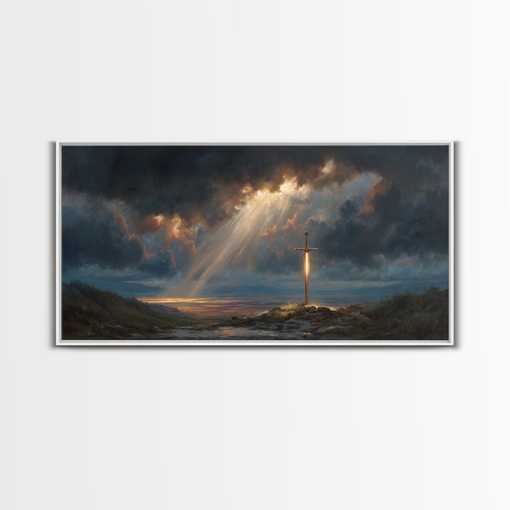 Glowing Sword In Storm Clouds Wall Art, Dramatic Christian Fantasy Canvas Print, Spiritual Decor, Dark Academia Gift For Him