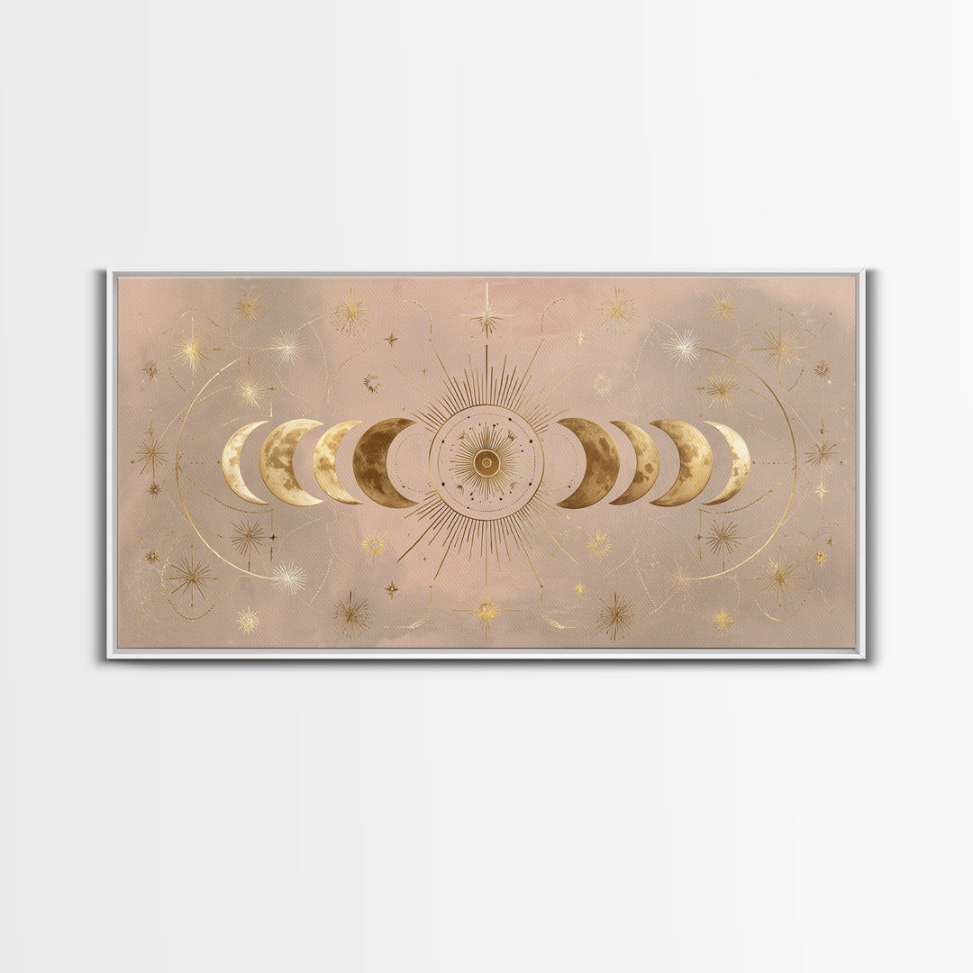 Gold Moon Phase Celestial Wall Art, Mystical Stars And Sun, Boho Bedroom Decor, Astrology Gifts, Above Bed Canvas Print Decor