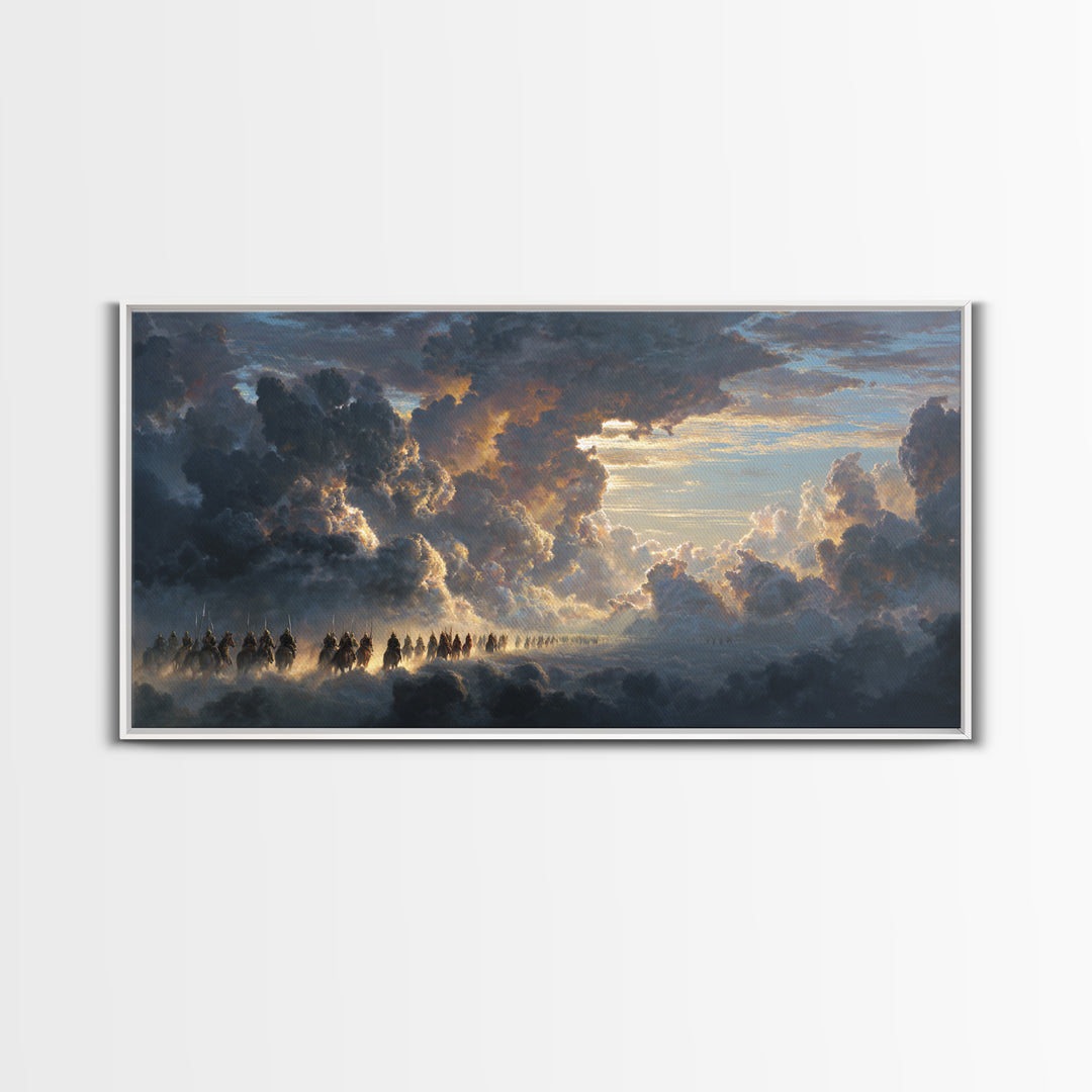 Celestial Riders In Storm Clouds Wall Art, Epic Fantasy Sky Painting, Dramatic Landscape Canvas, Mythological Decor For Office