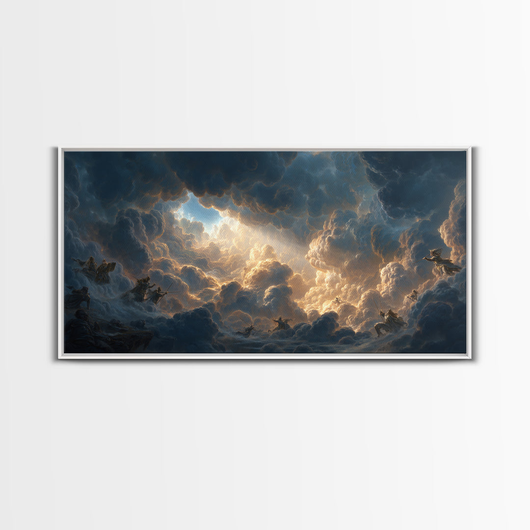 Celestial Riders In Storm Clouds Framed Canvas Print, Epic Fantasy Wall Art, Mythological Sky Painting, Dramatic Decor, Unique Gift