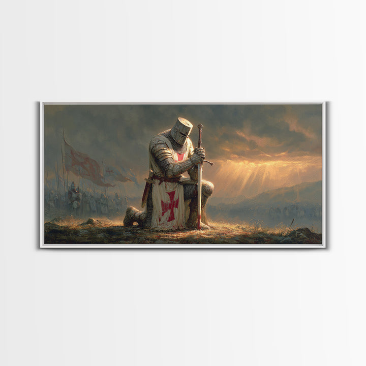 Kneeling Templar Knight Battlefield Wall Art, Medieval Crusader Framed Canvas Print, Dark Fantasy Decor, Christian Warrior Art
