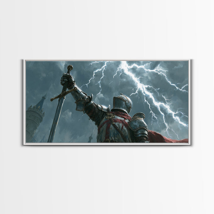Storm Knight Raising Sword Canvas Print, Medieval Warrior Lightning Scene, Dark Fantasy Wall Art, Gaming Room Decor, Gift For Him