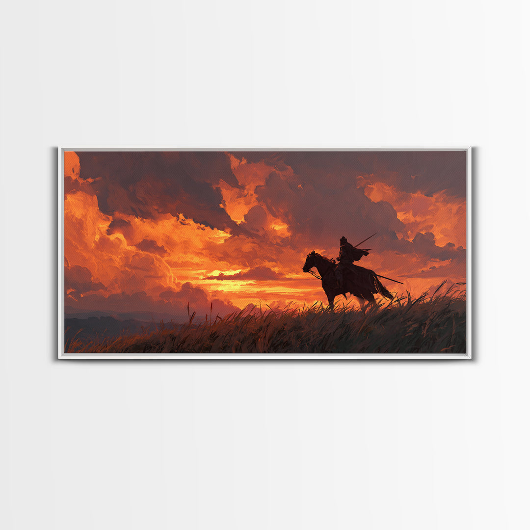 Lone Horseman At Fiery Sunset Wall Art, Western Cowboy Canvas Print, Rustic Landscape Decor, Masculine Office Gift For Him