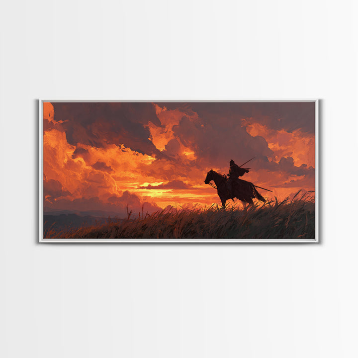 Lone Horseman At Fiery Sunset Wall Art, Western Cowboy Canvas Print, Rustic Landscape Decor, Masculine Office Gift For Him