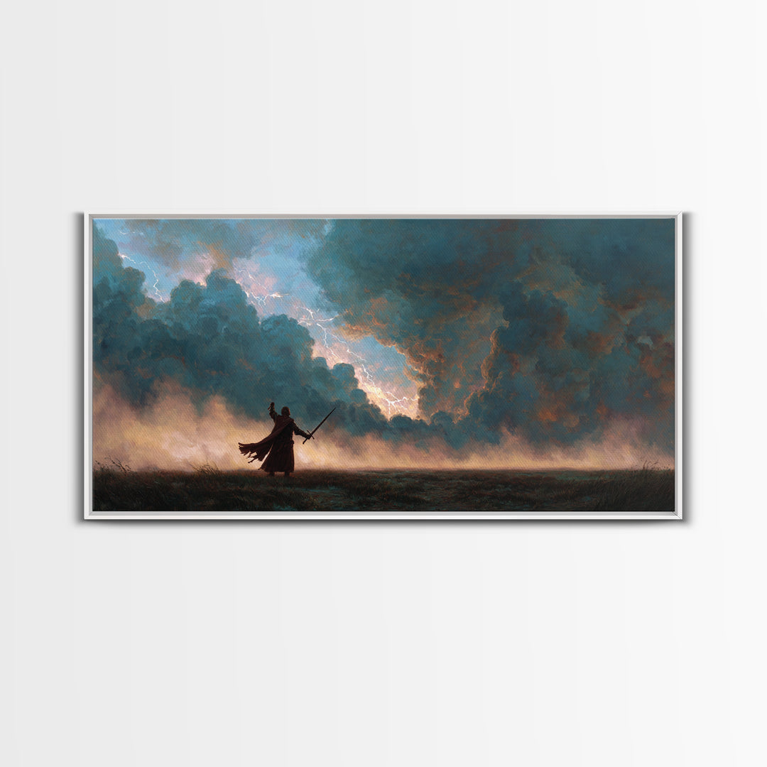 Lone Swordsman Under Storm Clouds Canvas Print, Dark Fantasy Landscape Wall Art, Moody Warrior Decor, RPG Gift For Gamer