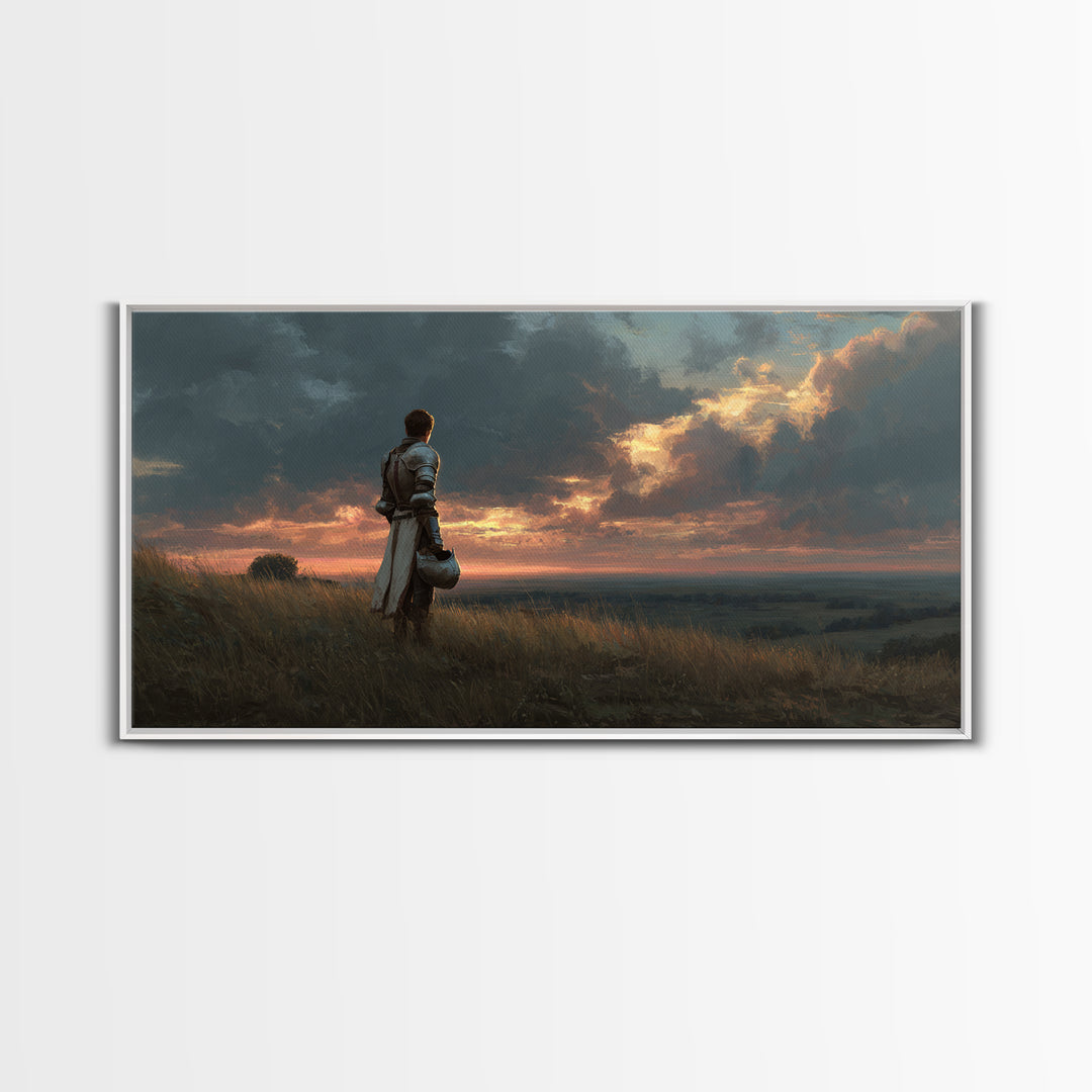 Solitary Knight At Sunset Framed Canvas Print, Medieval Fantasy Landscape Wall Art, Dramatic Medieval Home Decor Gift For Him