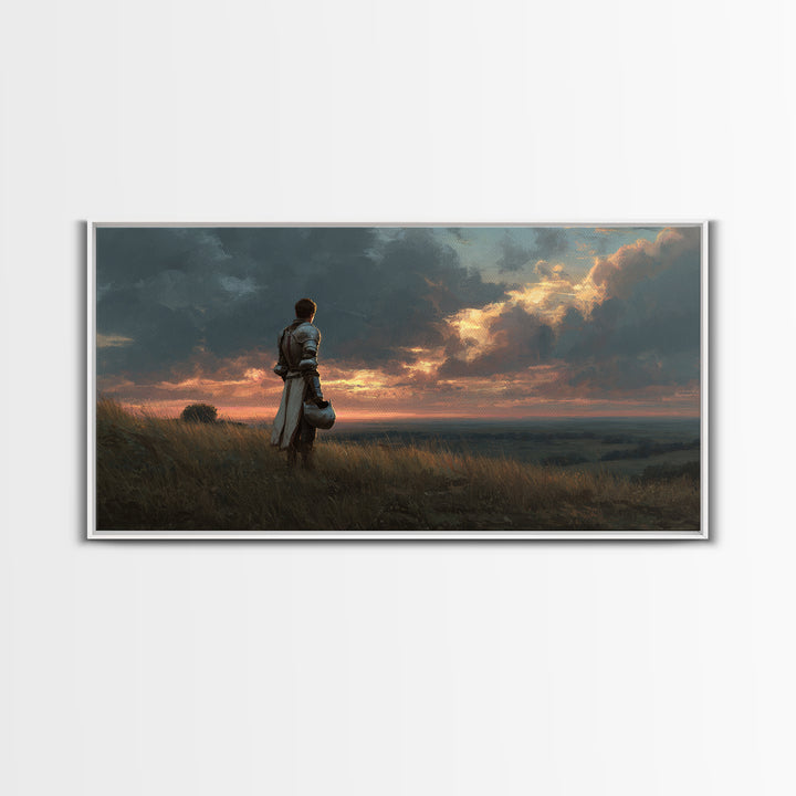 Solitary Knight At Sunset Framed Canvas Print, Medieval Fantasy Landscape Wall Art, Dramatic Medieval Home Decor Gift For Him
