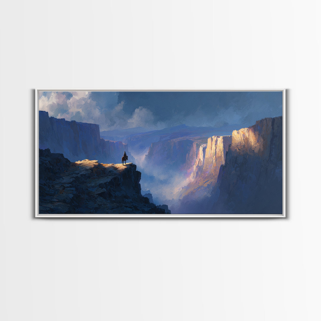 Lonely Rider On Blue Canyon Cliff Wall Art, Fantasy Landscape Canvas Print, Western Decor, Large Statement Artwork For Office