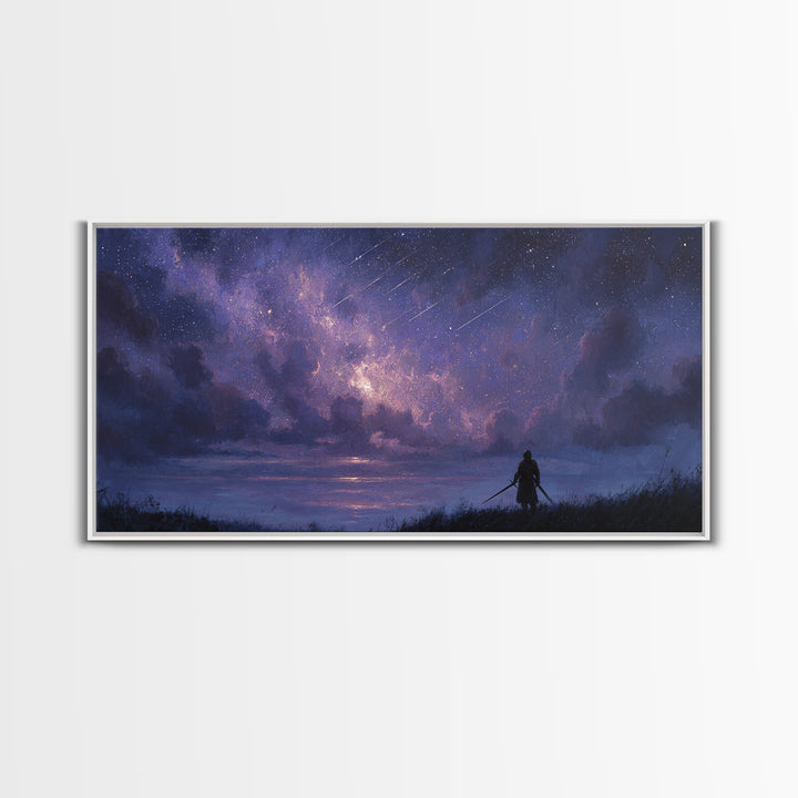 Lone Warrior Beneath Meteor Star Sky Wall Art, Fantasy Landscape Print, Celestial Decor, Gamer Room Canvas Print For Bedroom Decor