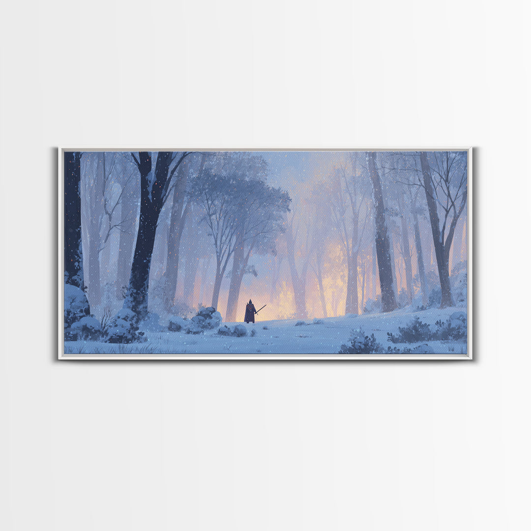 Lone Warrior In Snowy Forest Wall Art, Winter Fantasy Landscape Painting, Moody Woodland Decor, Adventure Canvas Print Gift