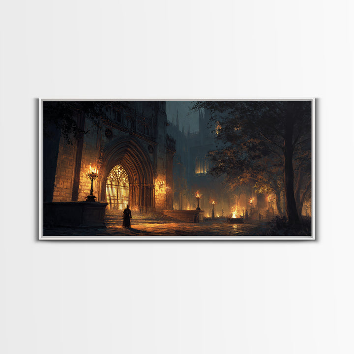 Gothic Cathedral Night Wall Art, Dark Academia Framed Canvas Print, Moody Architecture Poster, Victorian Office Decor, Gift