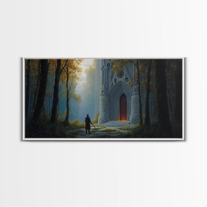 Gothic Forest Cathedral Doorway With Lone Knight Wall Art, Dark Academia Decor, Fantasy Landscape, Large Canvas Print For Bedroom