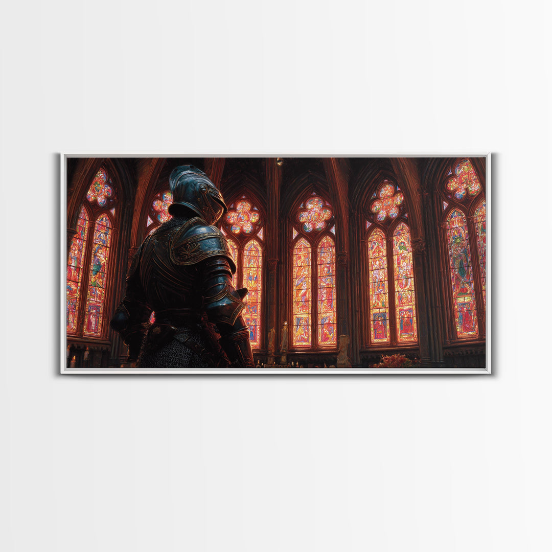 Knight In Stained Glass Cathedral Wall Art, Gothic Medieval Canvas Print, Dark Academia Decor, Fantasy Castle Painting, Church Art