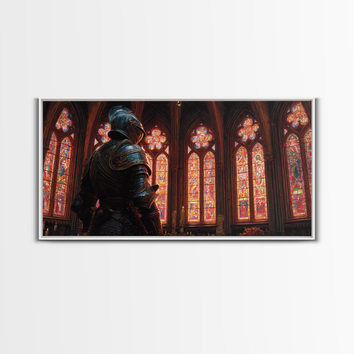 Knight In Stained Glass Cathedral Wall Art, Gothic Medieval Canvas Print, Dark Academia Decor, Fantasy Castle Painting, Church Art