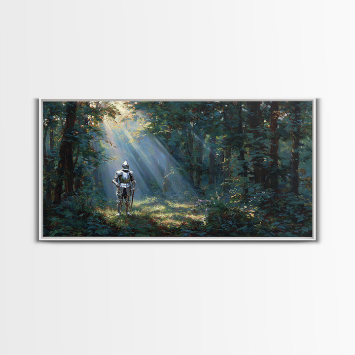 Knight In Sunlit Enchanted Forest Canvas Print, Fantasy Wall Art, Medieval Landscape Art For Office Decor And Gifts For Him