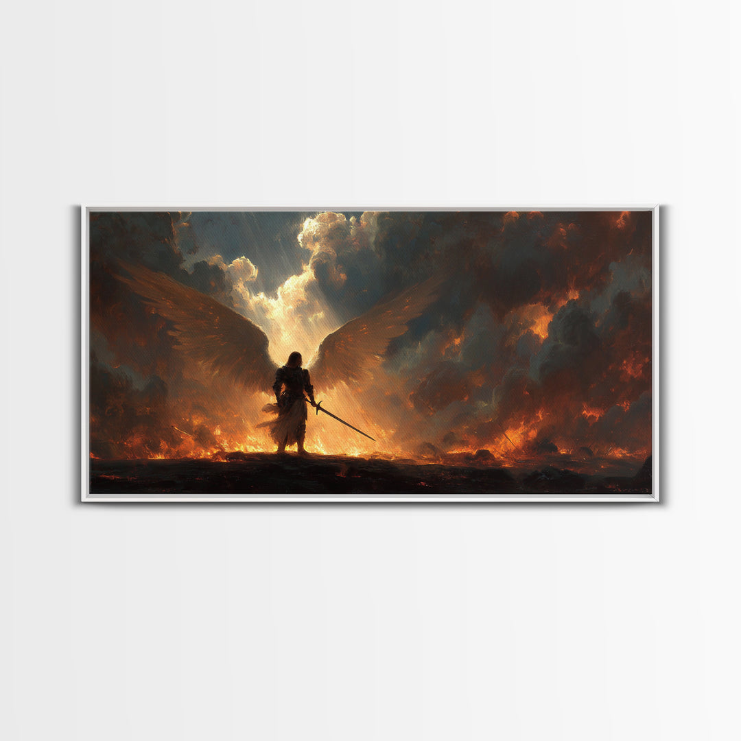 Warrior Angel With Flaming Wings Canvas Print, Dark Fantasy Wall Art, Epic Spiritual Decor, Gothic Battle Gift Idea For Him