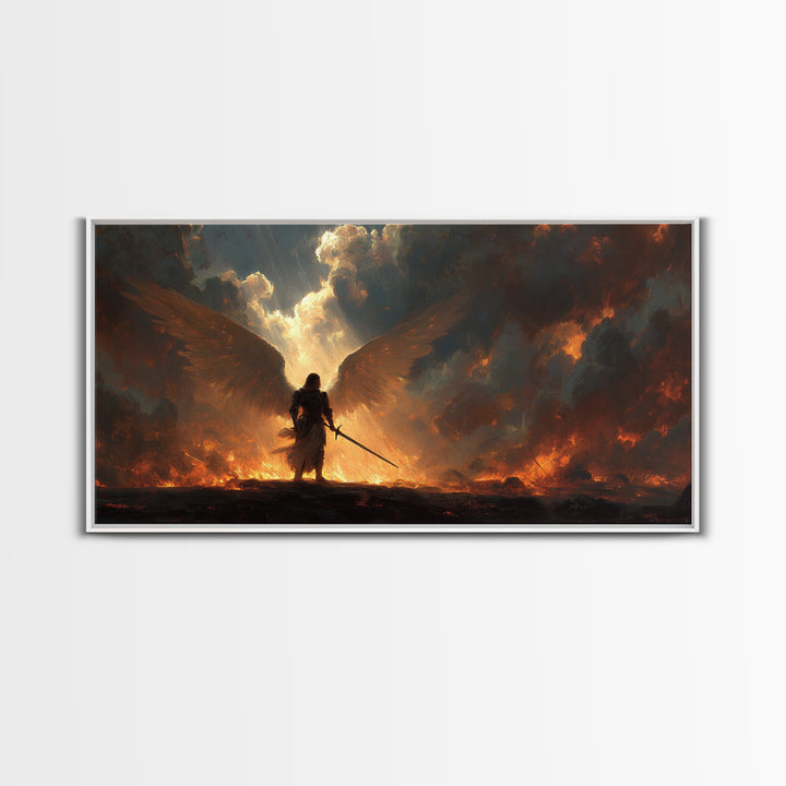 Warrior Angel With Flaming Wings Canvas Print, Dark Fantasy Wall Art, Epic Spiritual Decor, Gothic Battle Gift Idea For Him