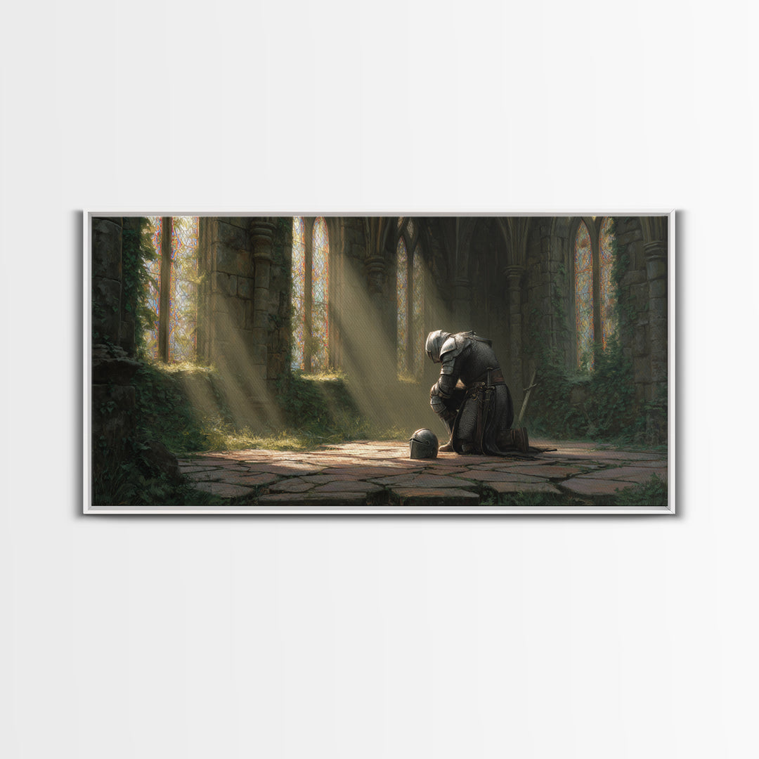Knight In Sunlit Gothic Ruins Framed Canvas Print, Medieval Fantasy Wall Art, Dark Academia Decor, Large Living Room Art