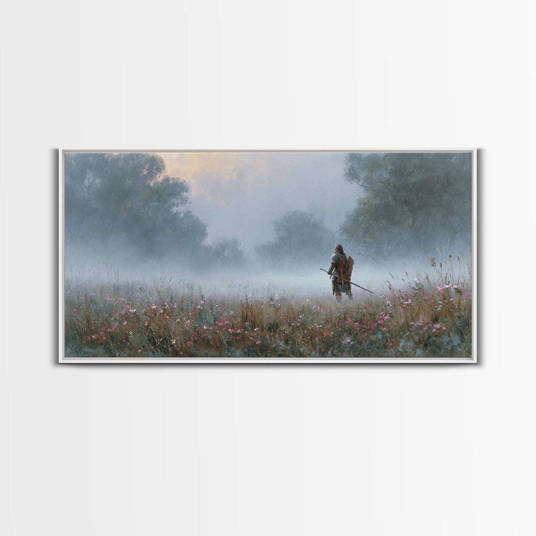 Misty Warrior In Wildflower Meadow Wall Art, Fantasy Landscape Canvas, Moody Nature Print, Large Living Room Decor Gift For Her