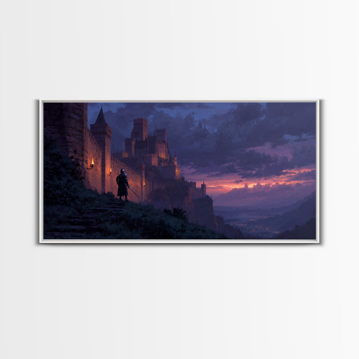 Twilight Castle Knight Fantasy Wall Art, Medieval Landscape Canvas, Gothic Home Decor, Fantasy Art Print, Gift For Him, Office Decor